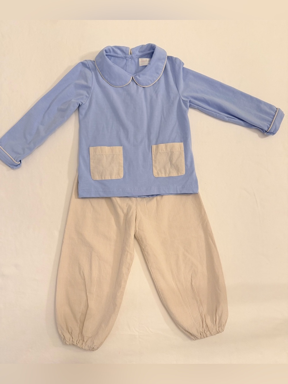 Cecil and Lou Blue Peter Pan Collar Top and Taupe & White Pants Matching Set